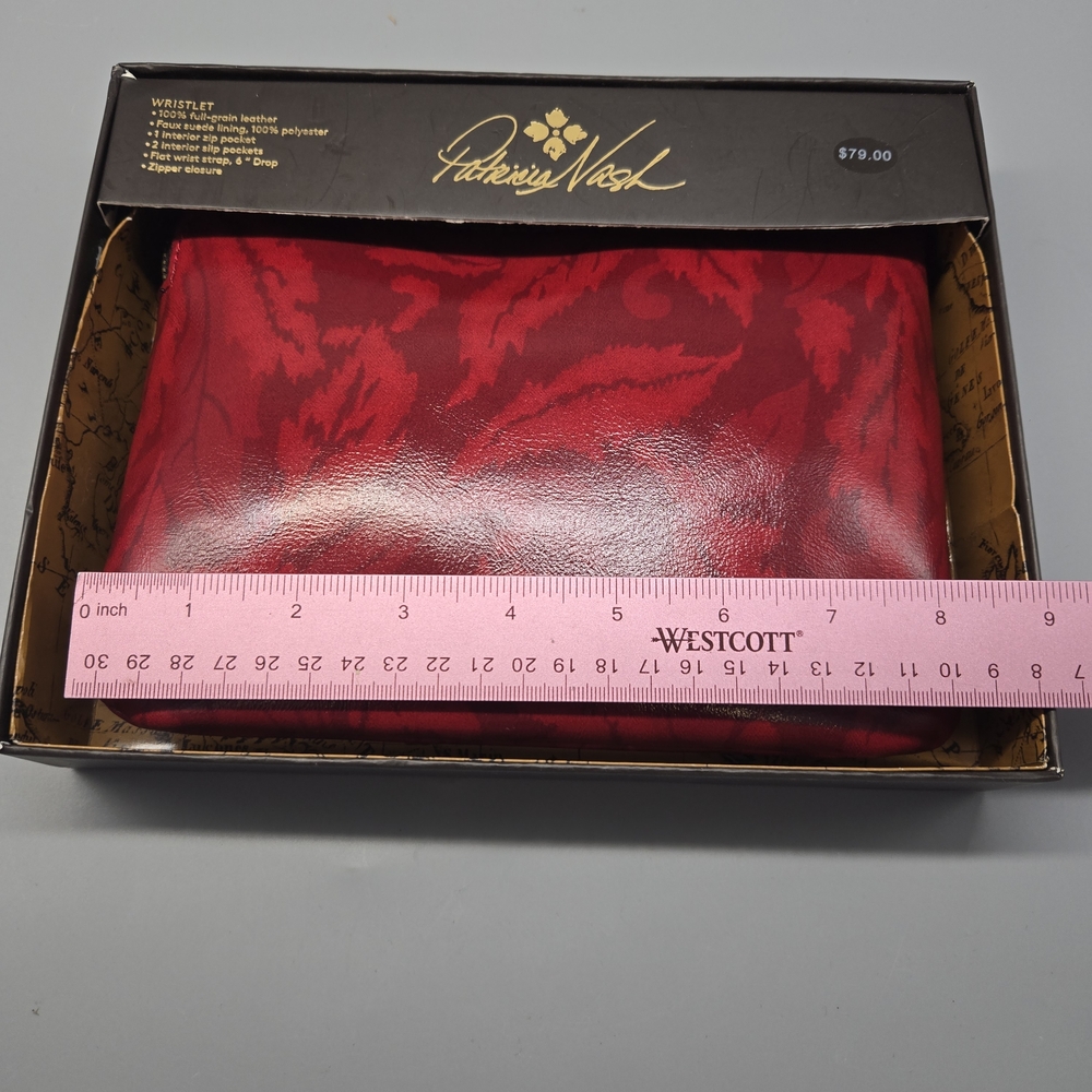 Patricia Nash Satin Leaves Cassini Genuine Leather Clutch Wristlet Red NEW $79 - Picture 5 of 7